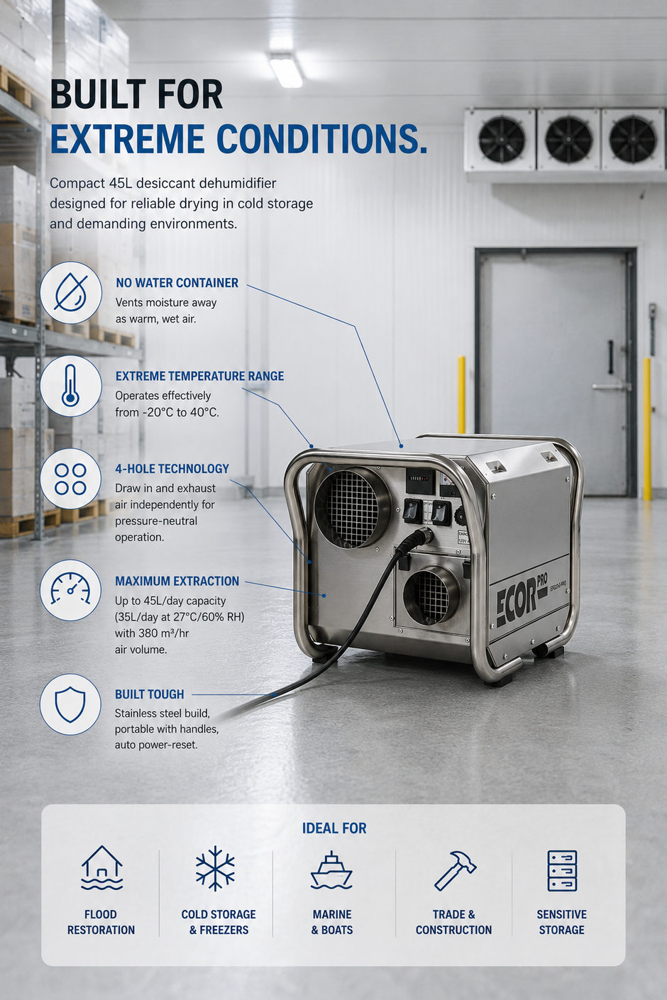 ECOR DRY DH3500 INOX - DryFan 45L Stainless Steel Desiccant Dehumidifier