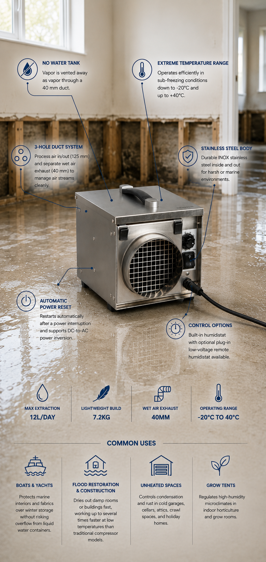 ECOR MIGHTY DH1200 INOX - DryFan 12L Desiccant Dehumidifier
